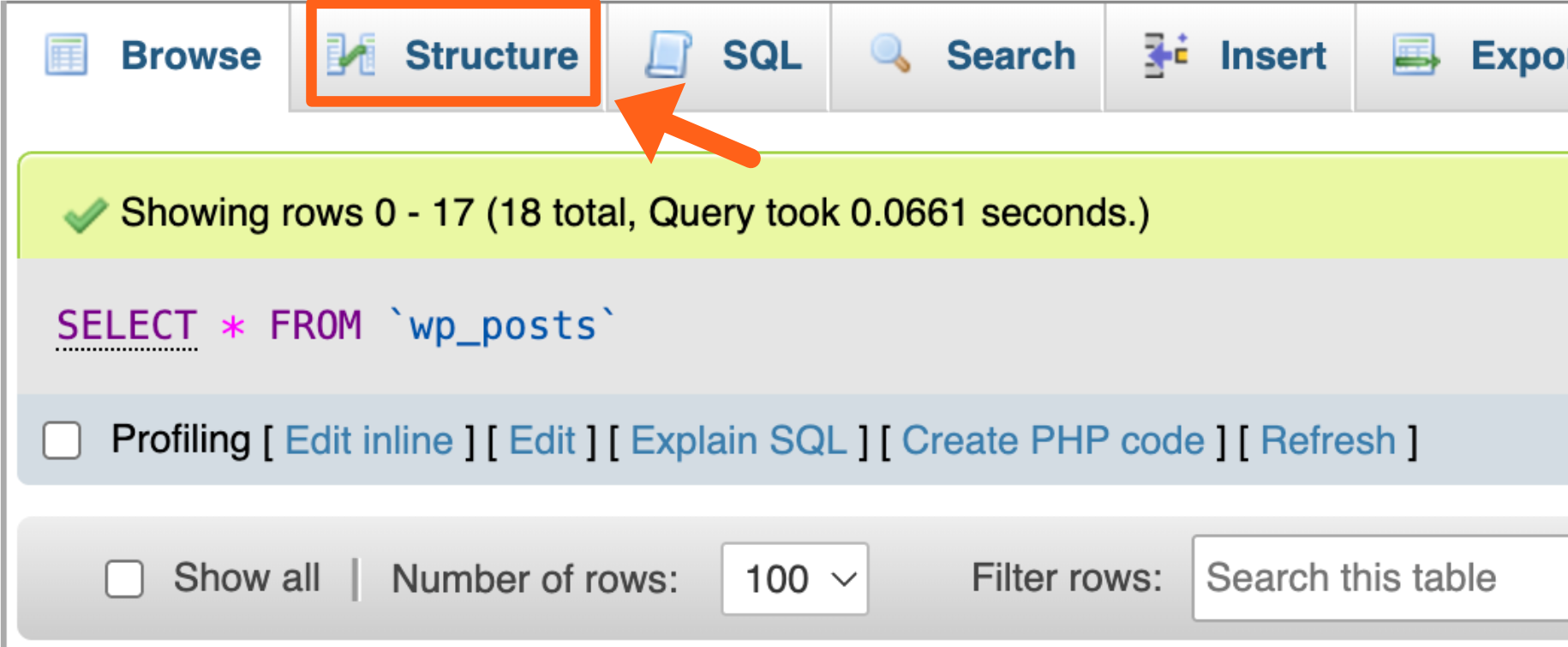 Screenshot of phpMyAdmin showing the Structure tab for a specific table.