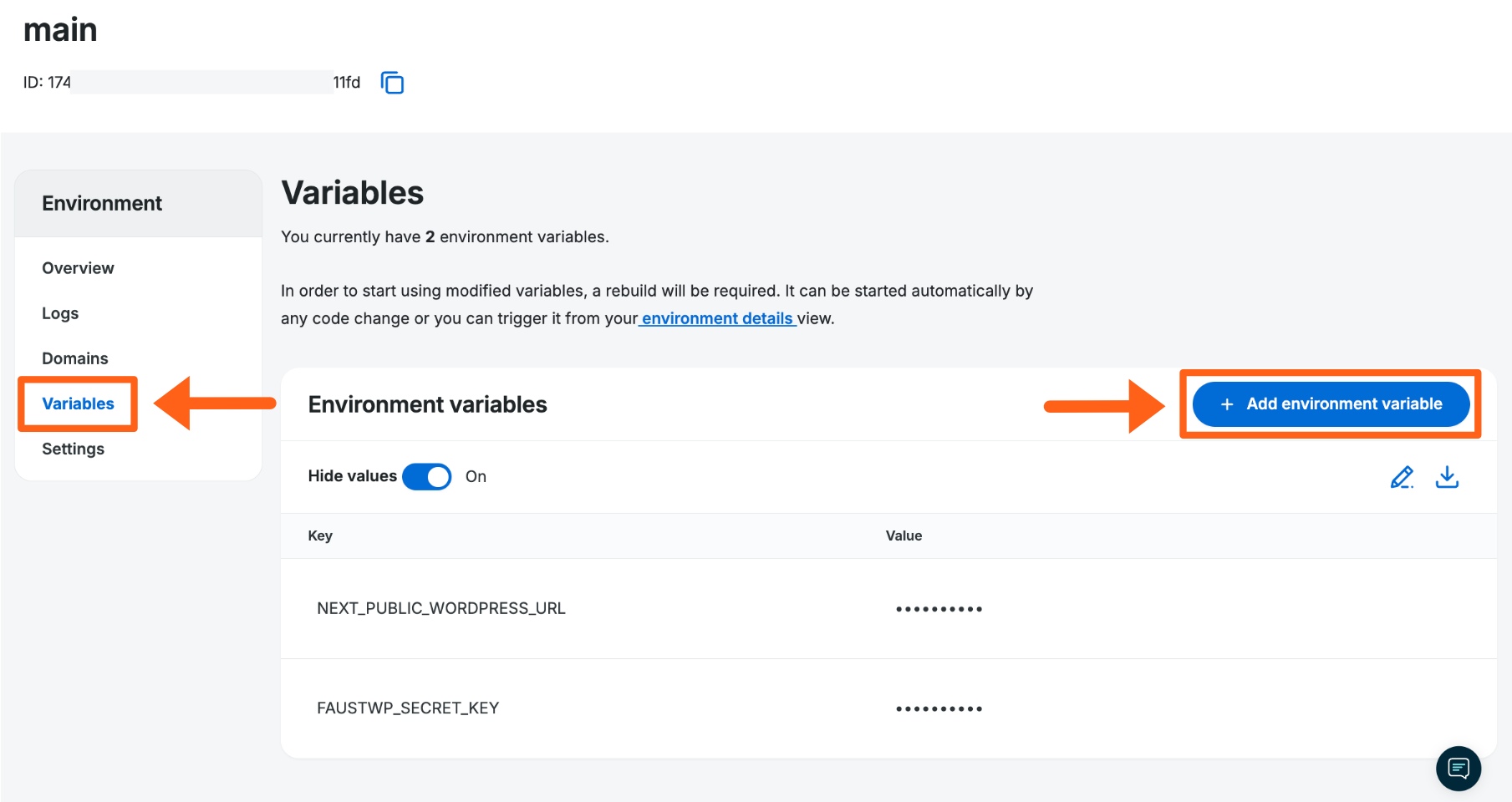 Screenshot of the Environment Variables page for a Headless Environment in the WP Engine User Portal 