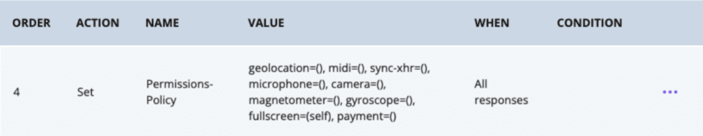 Screenshot of the Web Rules page in the WP Engine User Portal showing an example header rule