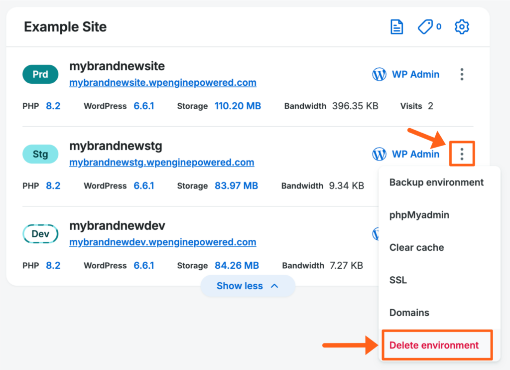 Screenshot of the Sites page in the WP Engine User Portal showing the option to delete an environment within a site