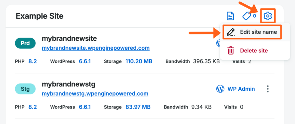 Screenshot of the Sites page in the WP Engine User Portal showing the option to edit a Site name