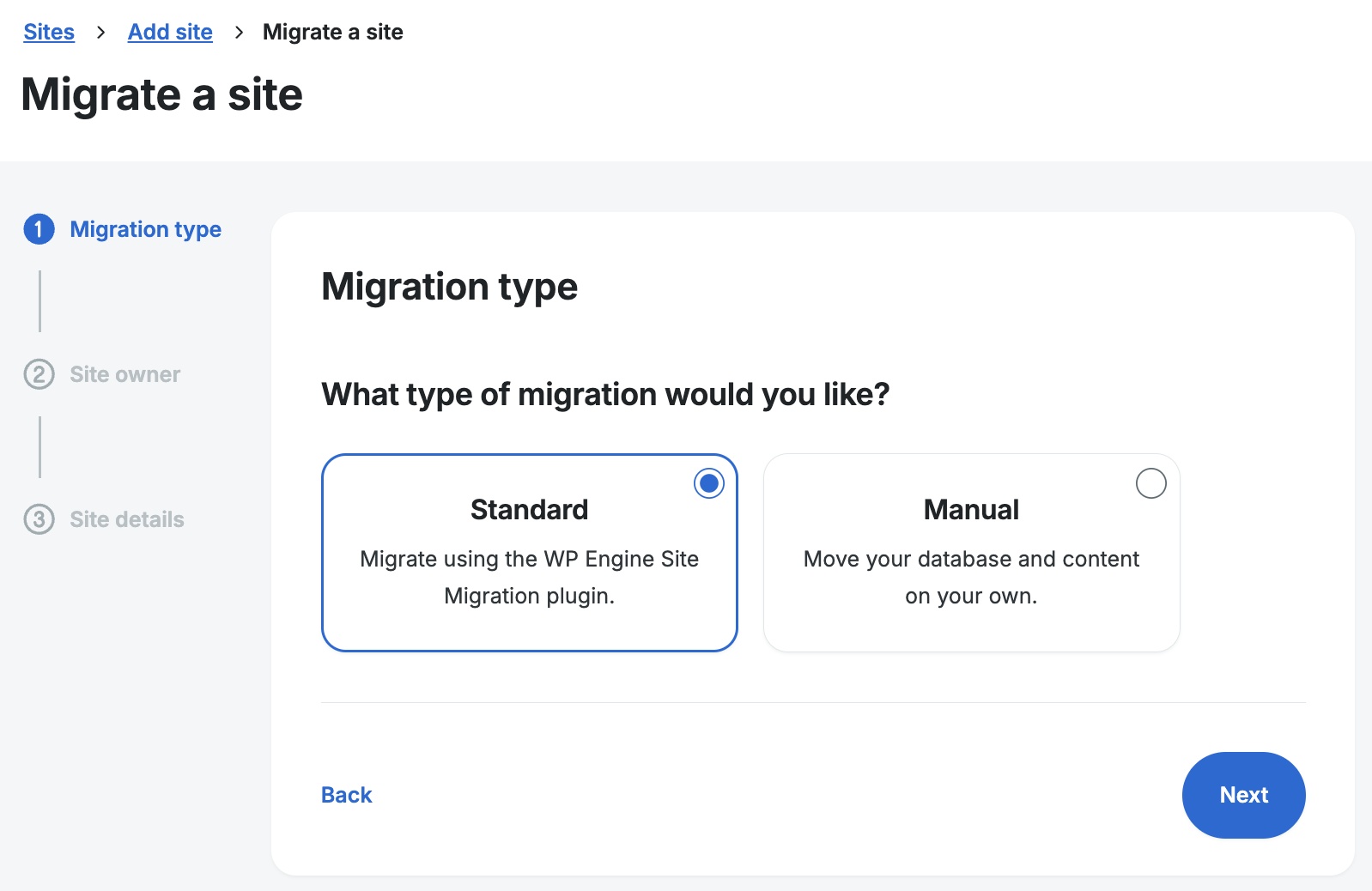 Screenshot of the Add Site page in the WP Engine User Portal showing the choice of a standard or manual migration for adding a new site