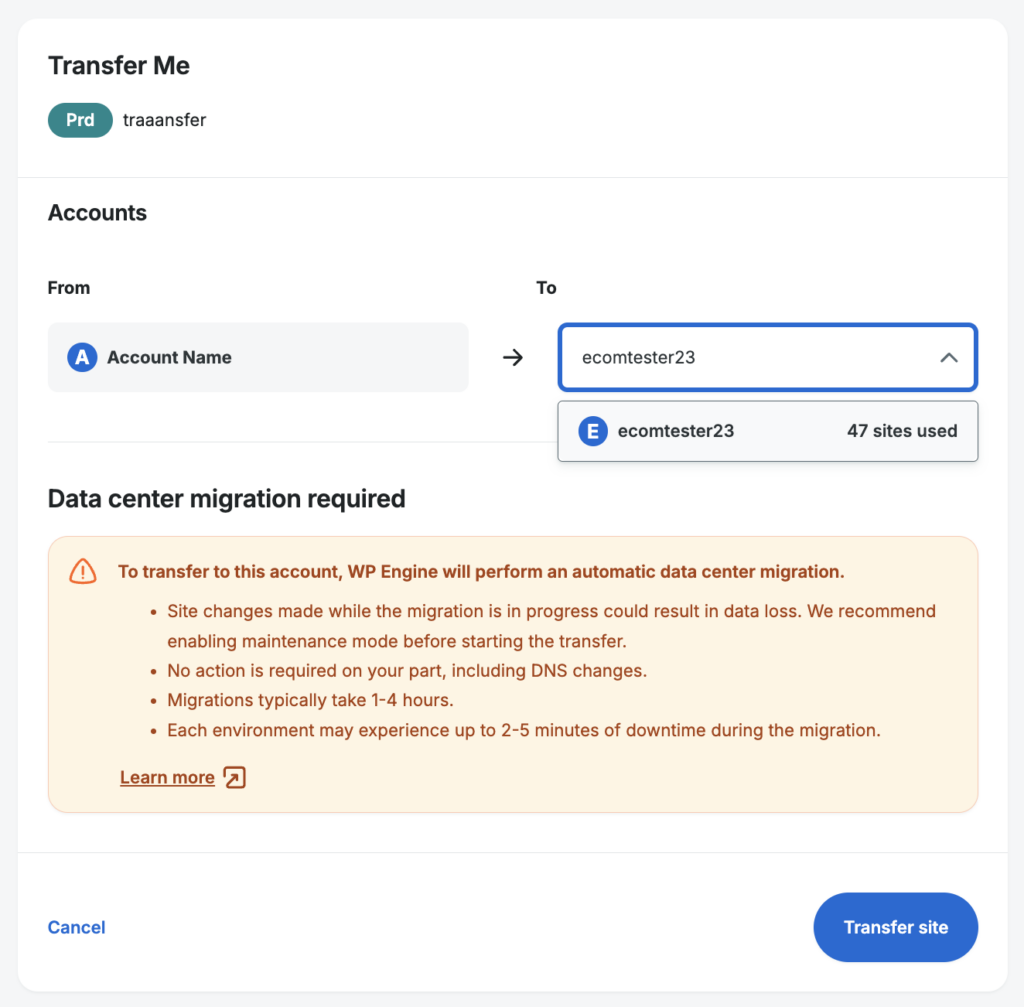 Screenshot of an environment's Overview page in the WP Engine User Portal showing the popup options during the transfer site process