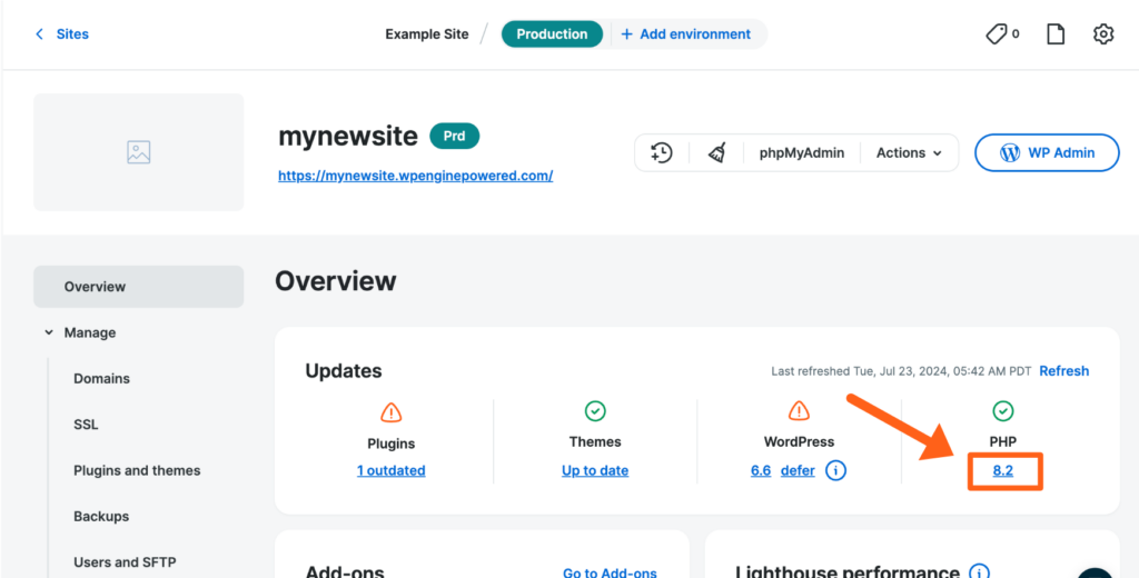 Screenshot of an environment's Overview page in the WP Engine User Portal showing where to change the PHP Version