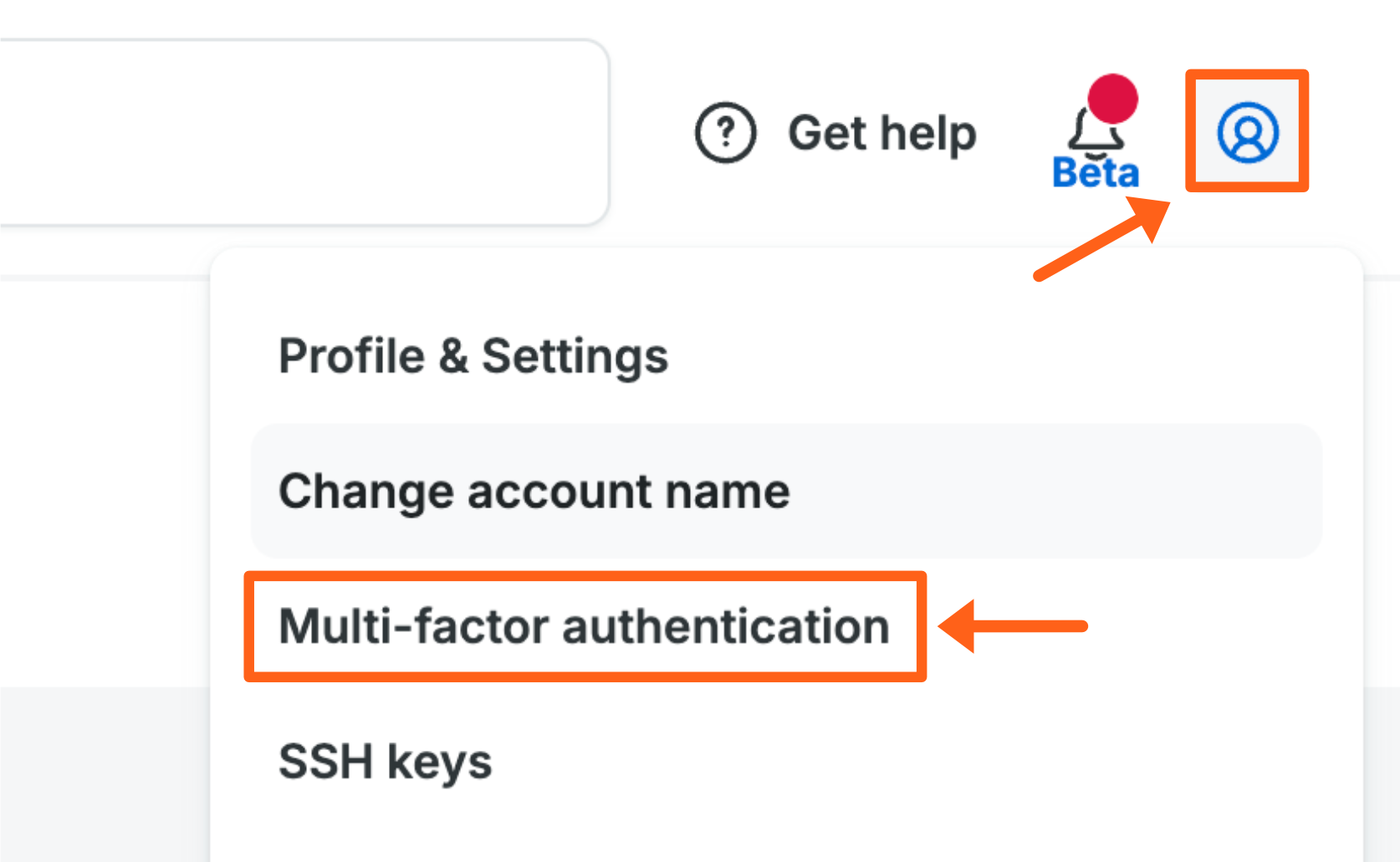 Screenshot of the Profile menu in the top right of the WP Engine User Portal showing the link to the Multi Factor Authentication page