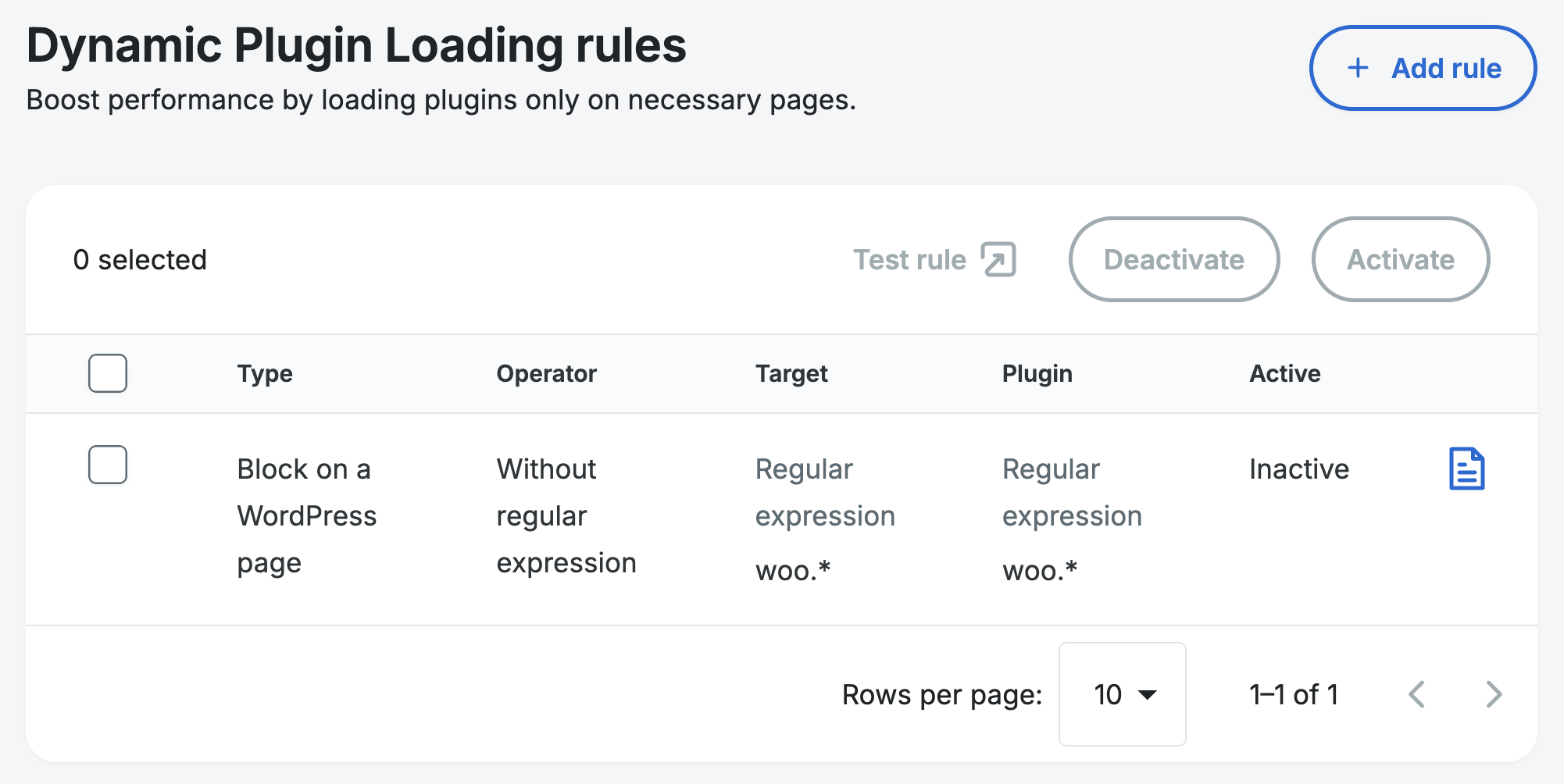 Screenshot of an environment's Overview page in the WP Engine User Portal showing the button to add a rule for Dynamic Plugin Loading.