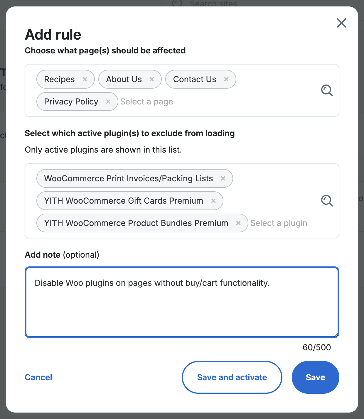 Screenshot of an environment's Overview page in the WP Engine User Portal showing the popup to add rule settings for Dynamic Plugin Loading.