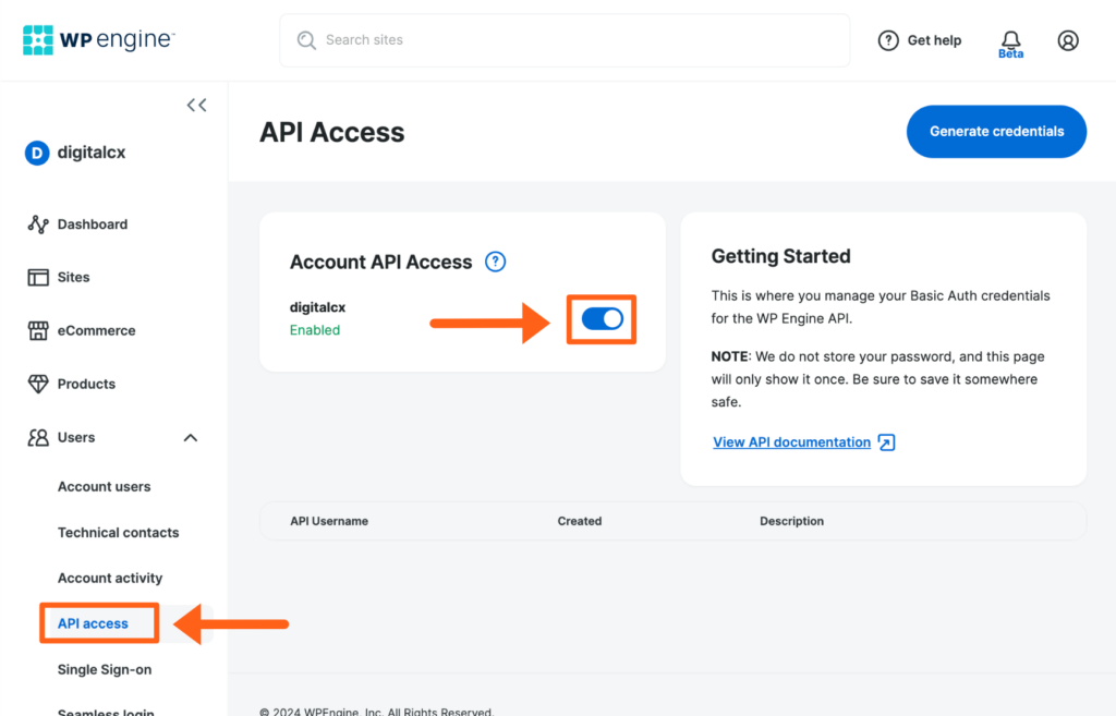 Screenshot of the API Access page in the WP Engine User Portal showing the toggle button to enable api access for an account
