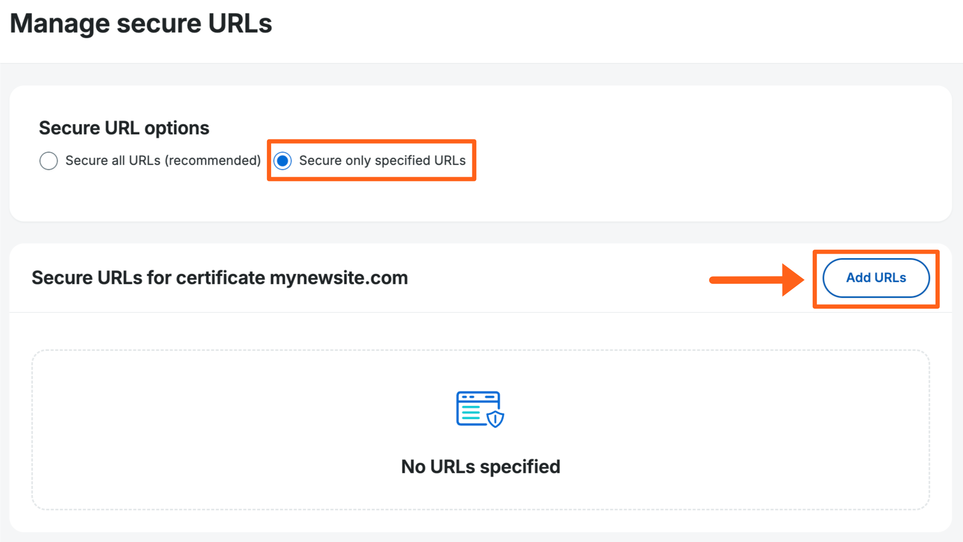 Screenshot of an environment's SSL page in the WP Engine User Portal showing the button to add a URL to the Manage Secure URLs list.