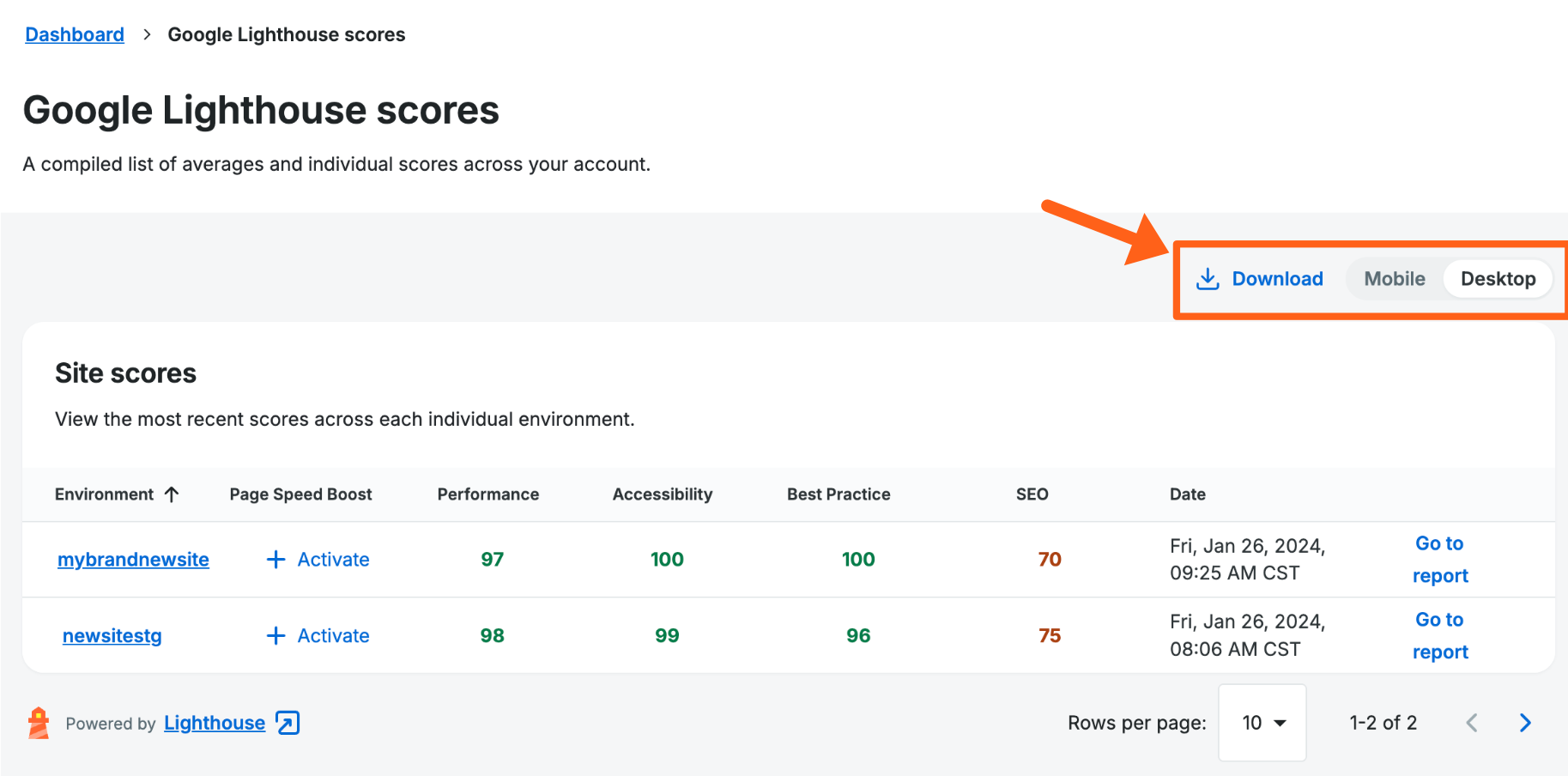 Screenshot of the account Lighthouse scores page in the WP Engine User Portal showing the download, mobile, and desktop buttons.