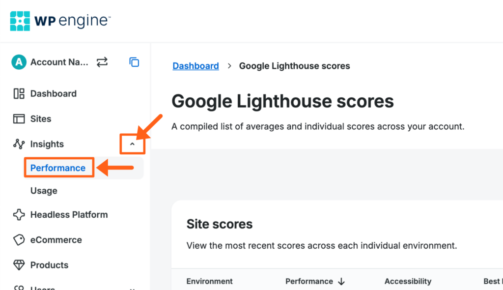 Screenshot of the Google Lighthouse performance page for an account in the WP Engine User Portal 