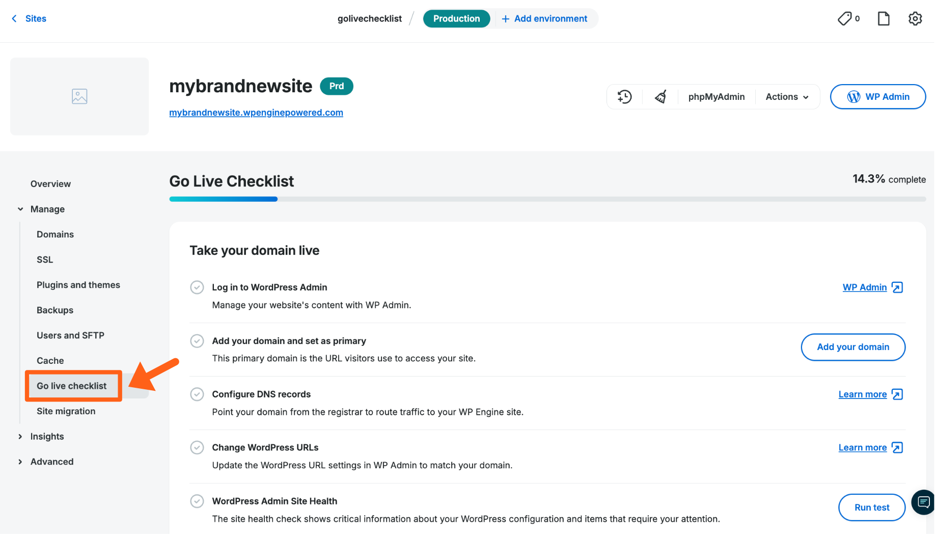 Screenshot of an environment's Go Live Checklist page in the WP Engine User Portal 