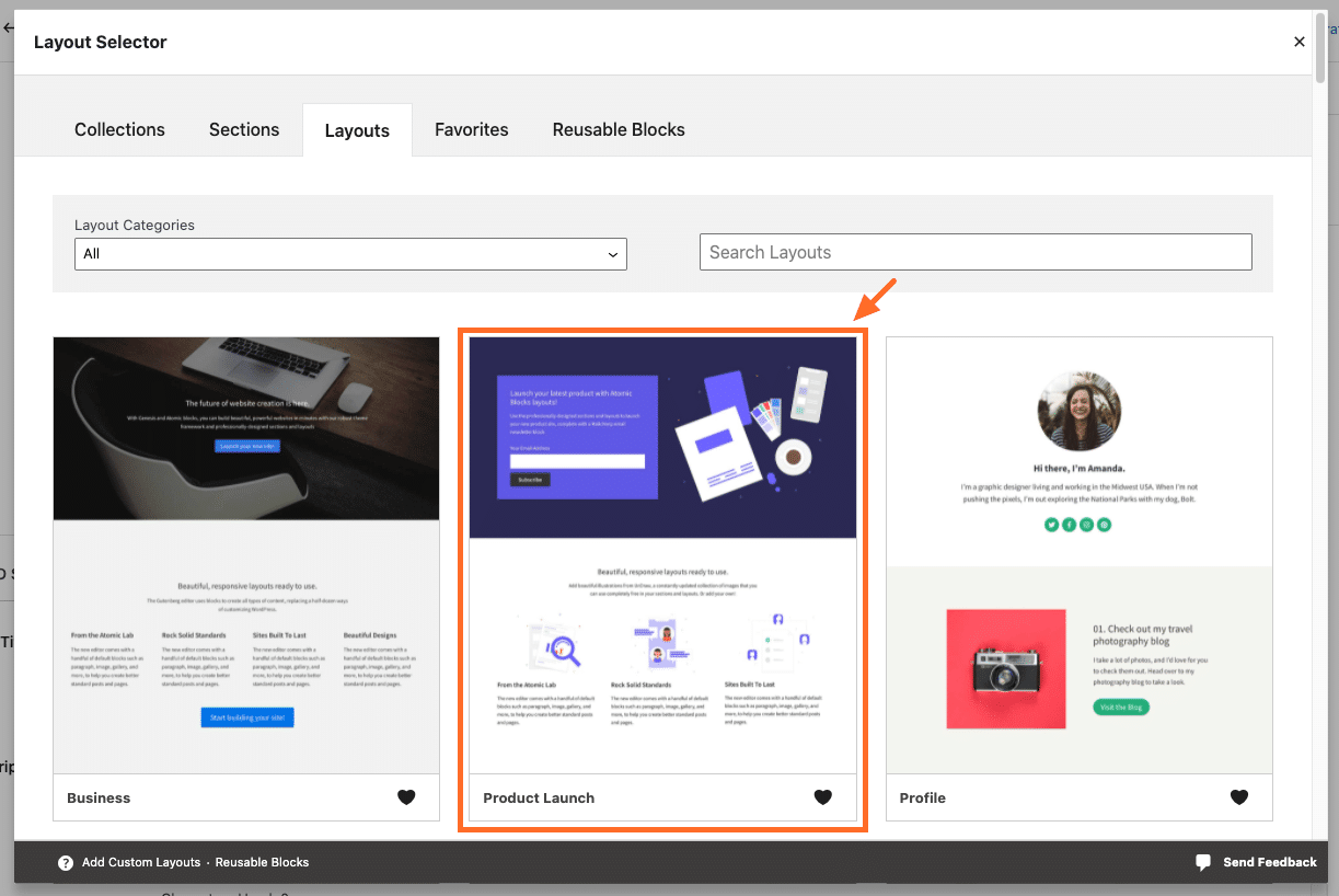 Product Launch page layout in the Layouts block