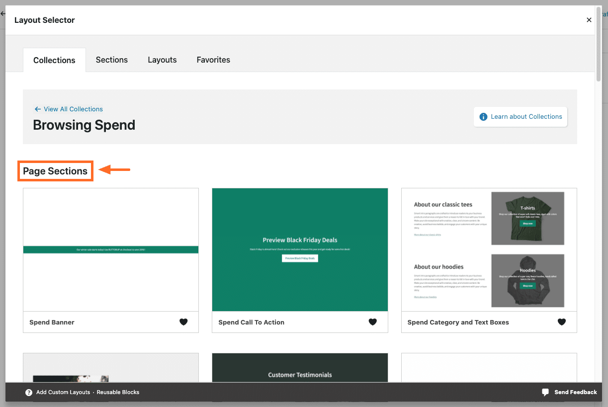 Page Sections in the Spend Collection