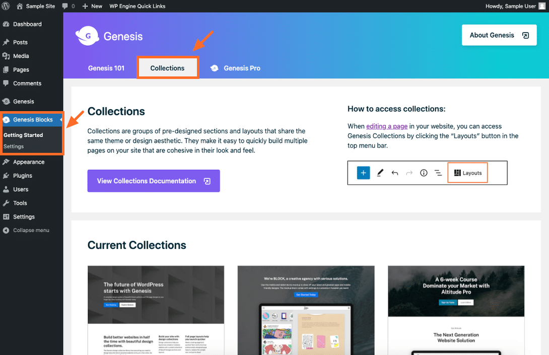 Collections tab in the Getting Started section of Genesis Blocks