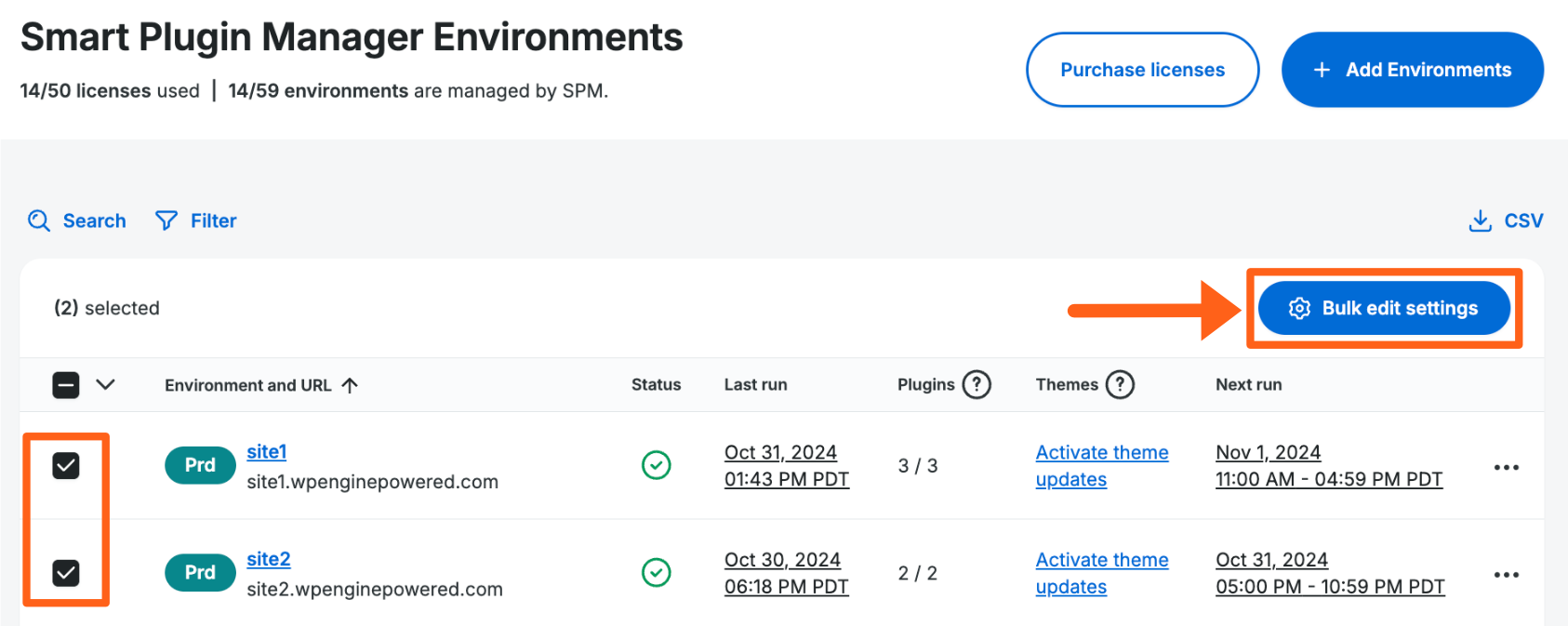 Screenshot of the Smart Plugin Manager product page in the WP Engine User Portal showing the option to bulk edit settings.