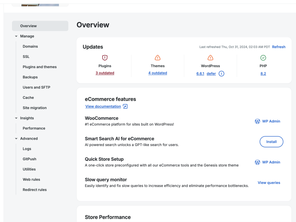 Screenshot of an environment's Overview page in the WP Engine User Portal showing the eCommerce Features