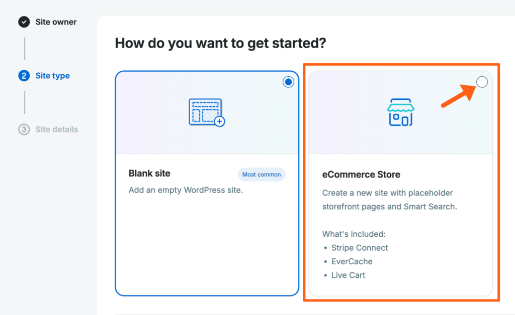 Screenshot of the add site page in the WP Engine User Portal showing the option to choose an eCommerce store when creating a site