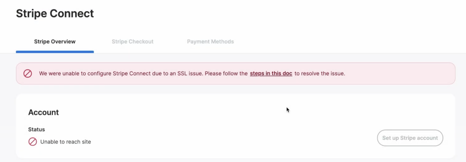 Screenshot of an SSL error for Stripe Connect in the WP Engine User Portal 
