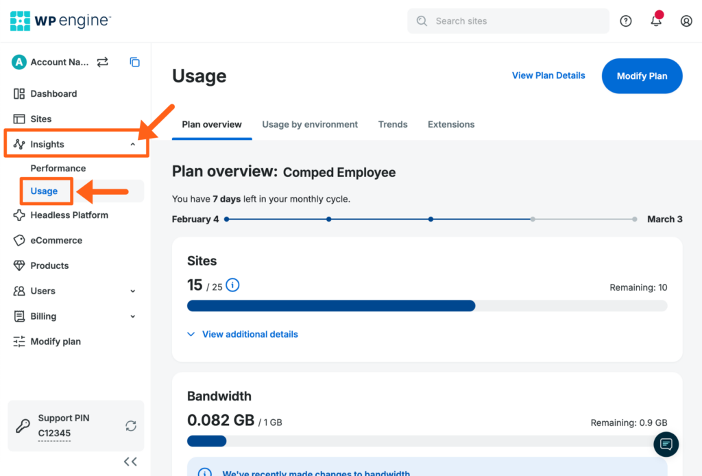 Screenshot of the Usage page in the WP Engine User Portal 