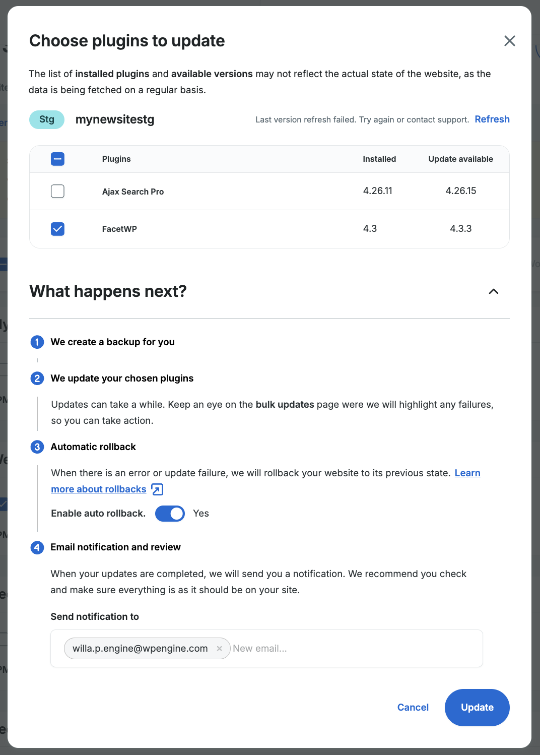 Screenshot of the Sites page in the WP Engine User Portal showing the popup window for bulk updating plugins 