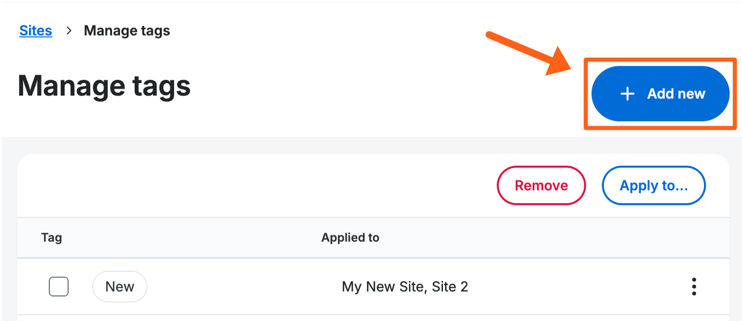 Screenshot of the Add new button on the Manage tags page of the WP Engine User Portal 