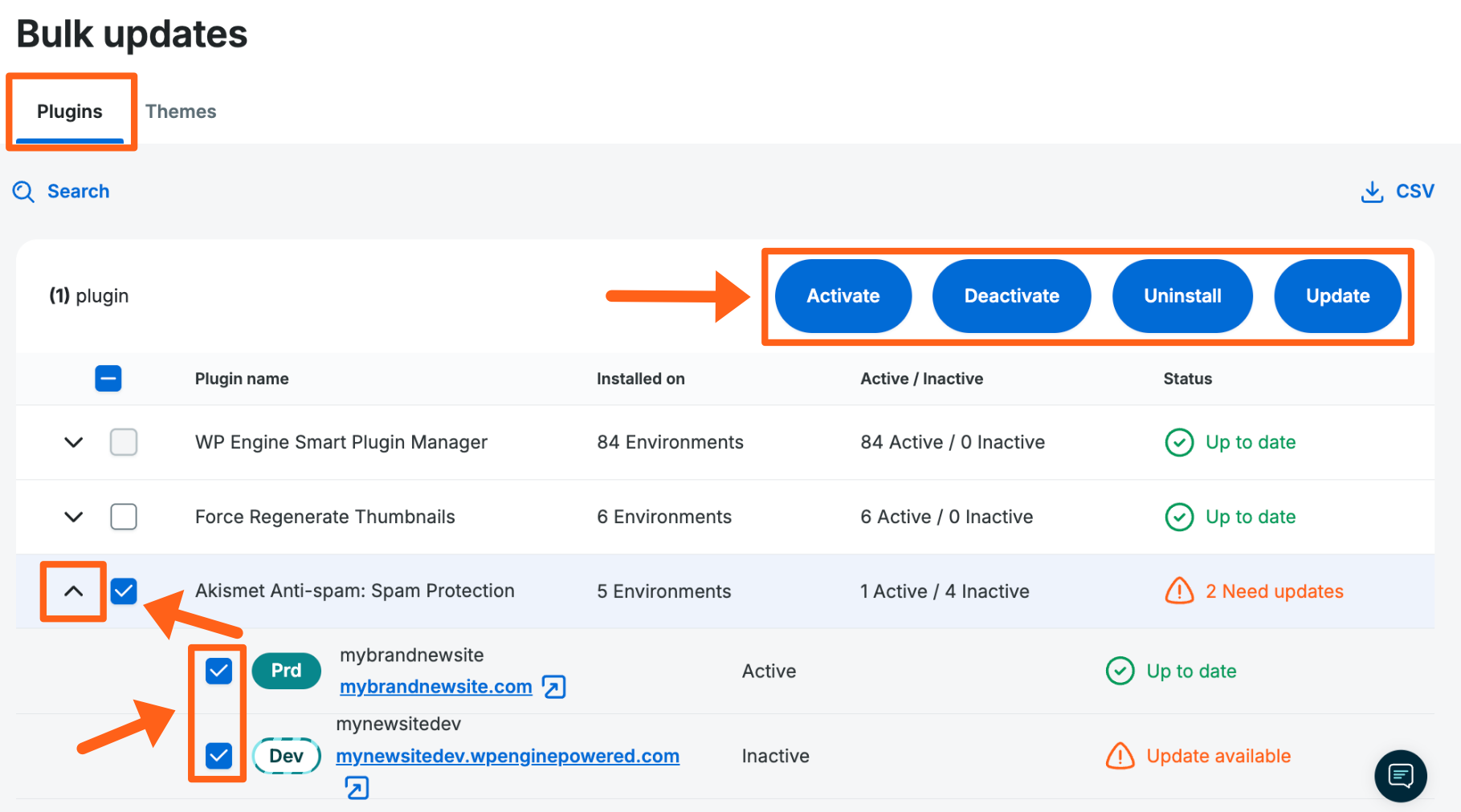 Screenshot of the Bulk Updates page in the WP Engine User Portal 