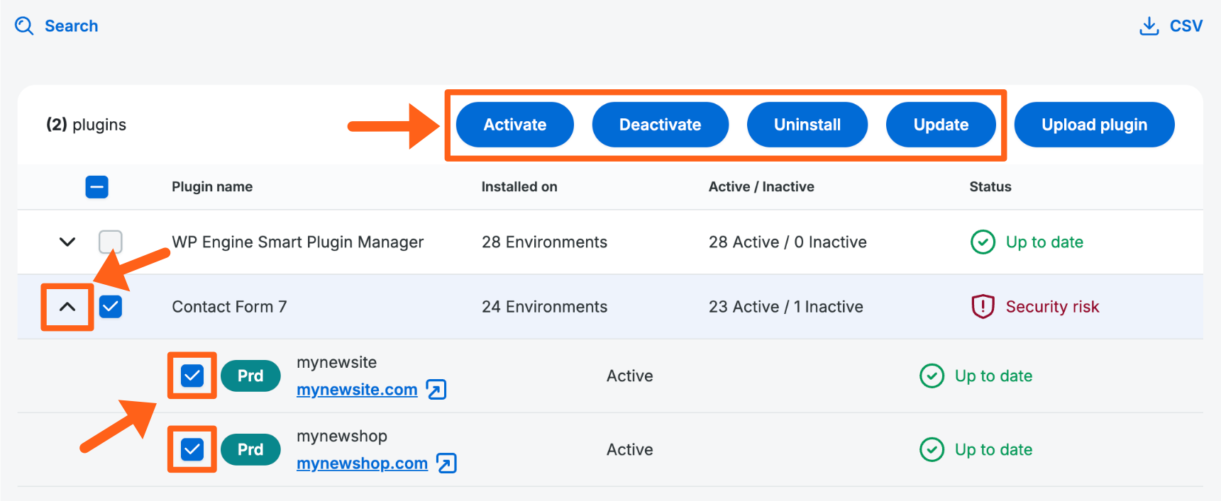 Screenshot of the plugins bulk update tab for an account in the WP Engine User Portal showing how to select multiple environments to bulk update.