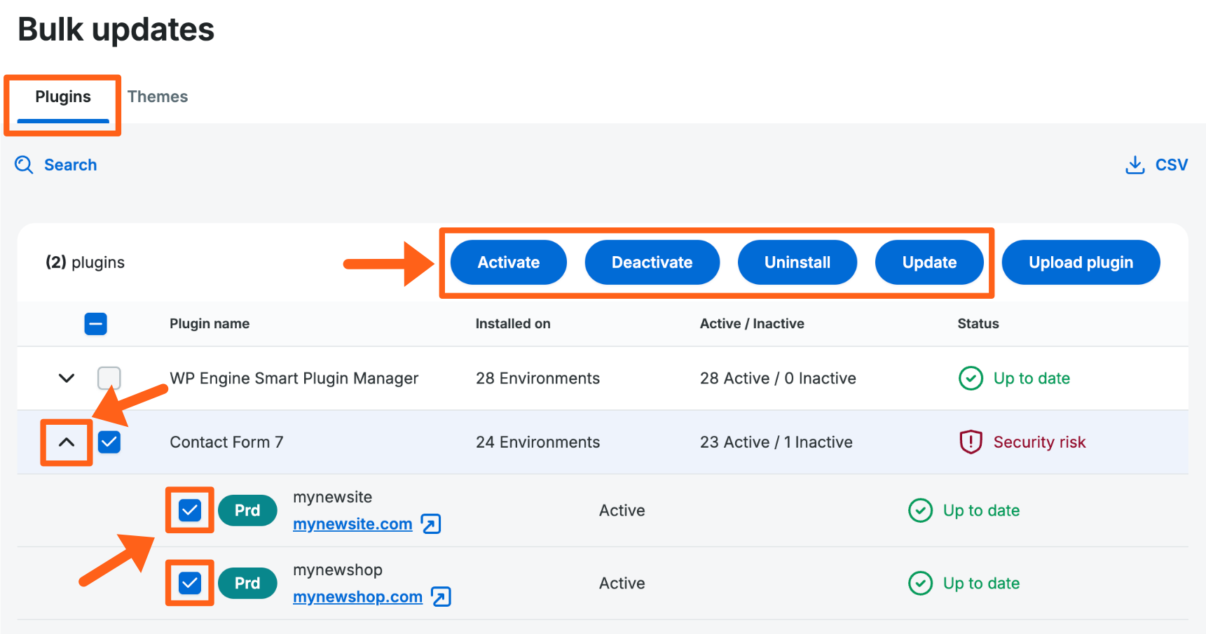 Screenshot of the bulk updates page for an account in the WP Engine User Portal showing how to select multiple environments to bulk update.