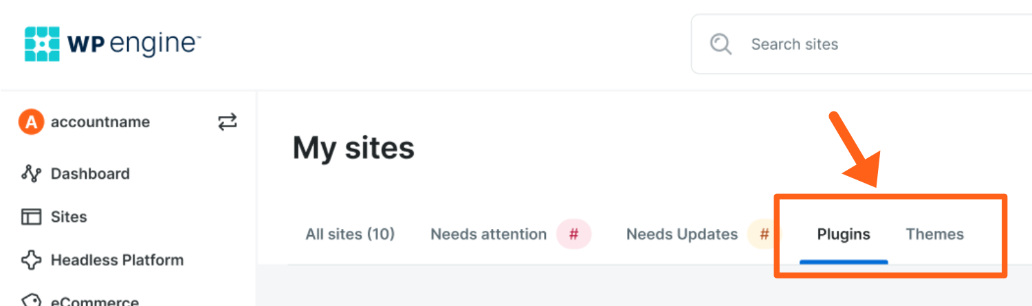 Screenshot of the Plugins and Themes tabs on the Sites page of the WP Engine User Portal.