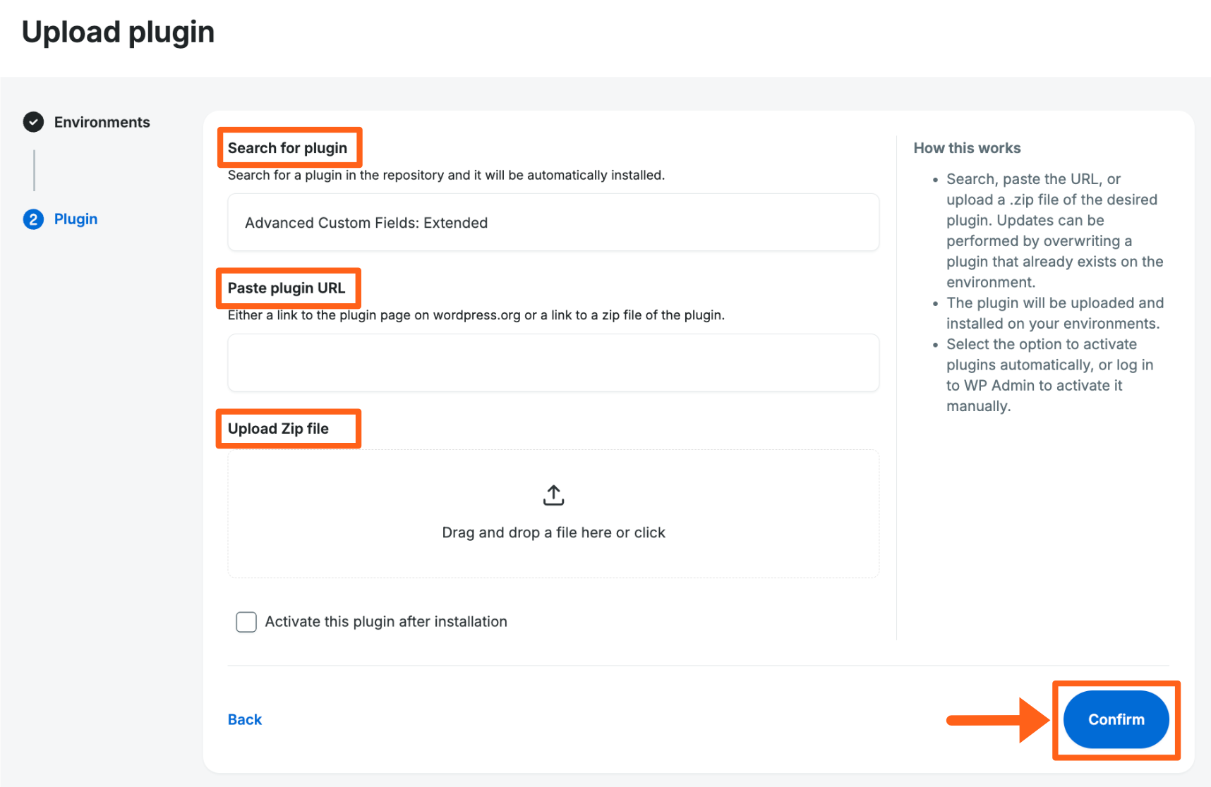 Screenshot of the bulk updates page for an account in the WP Engine User Portal showing the popup with 3 different options for uploading a plugin zip file for updating multiple environments in bulk.