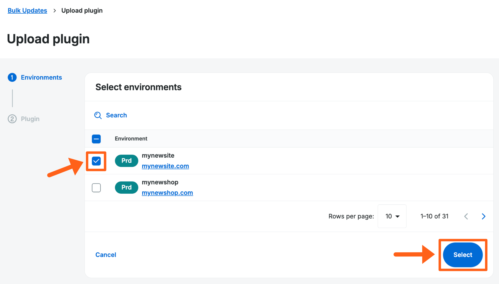 Screenshot of the bulk updates page for an account in the WP Engine User Portal showing the popup where you can select multiple environments to upload a plugin to.