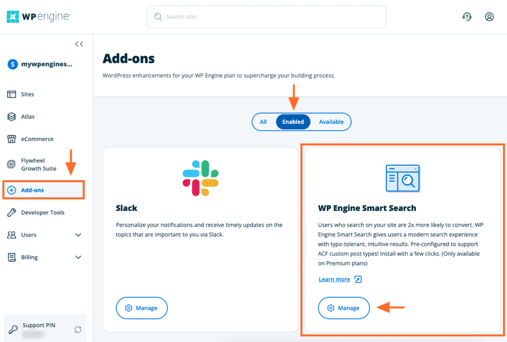 Image of enabled Add-Ons in WP Engine portal