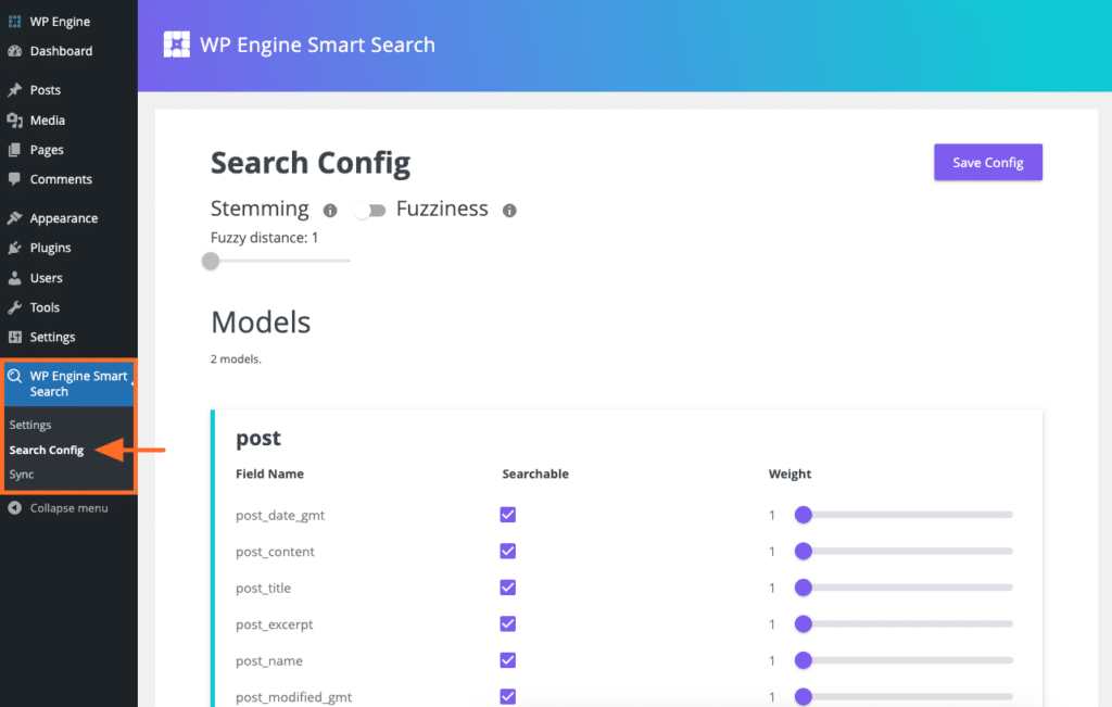 WP Engine Smart Search Config screen