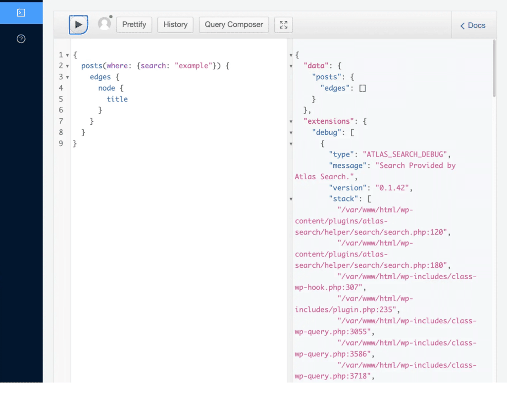 GraphiQL IDE view of WPGraphQL plugin