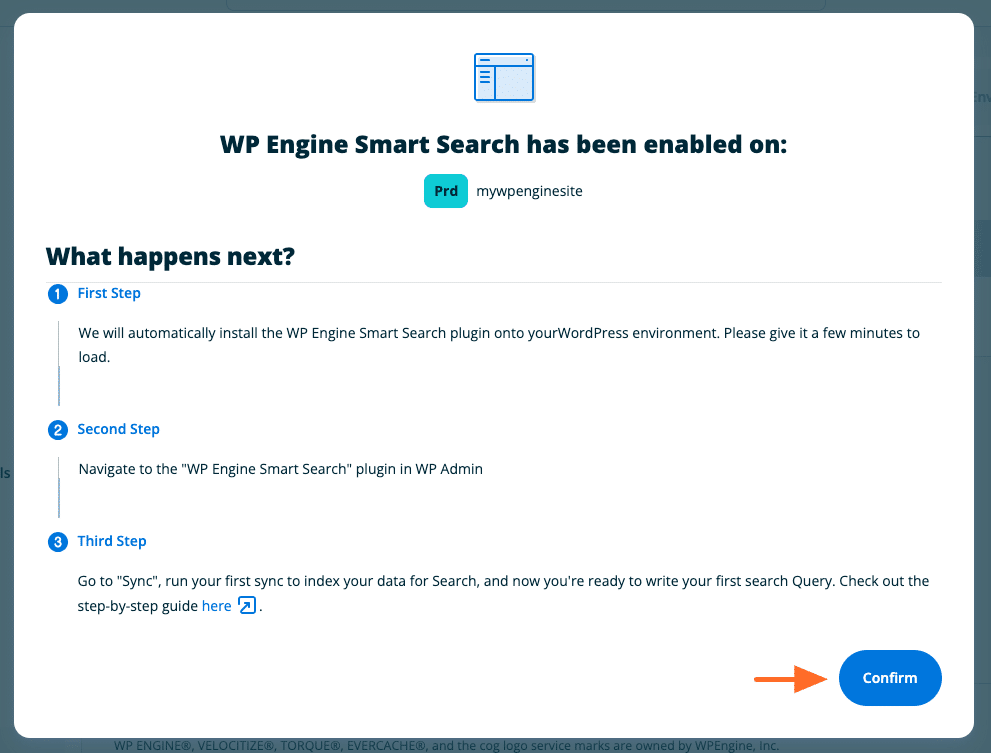 WP Engine Smart Search enablement confirmation popup