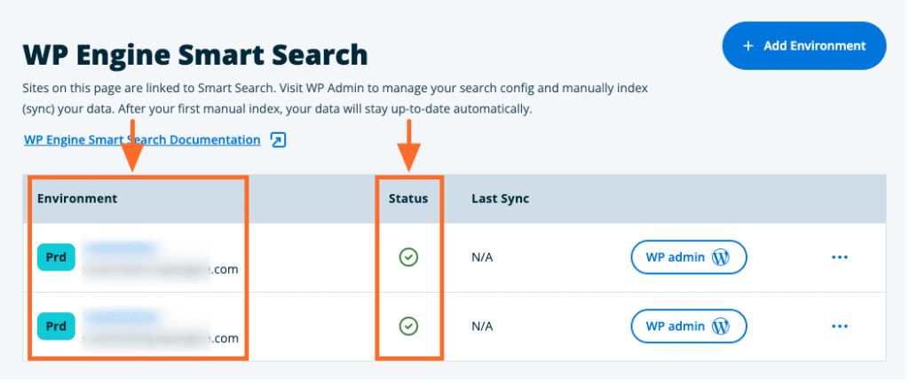 List of environments licensed for WP Engine Smart Search and their status