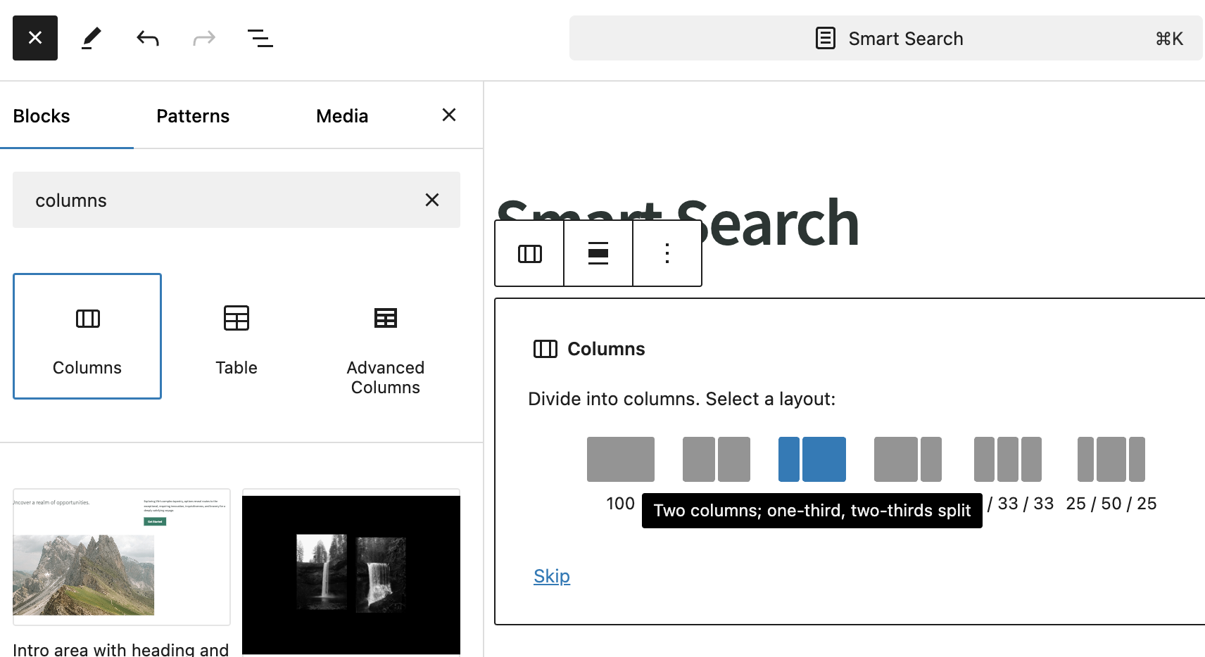 Screenshot of selecting a Columns Gutenberg block while editing a page in the WordPress admin dashboard.