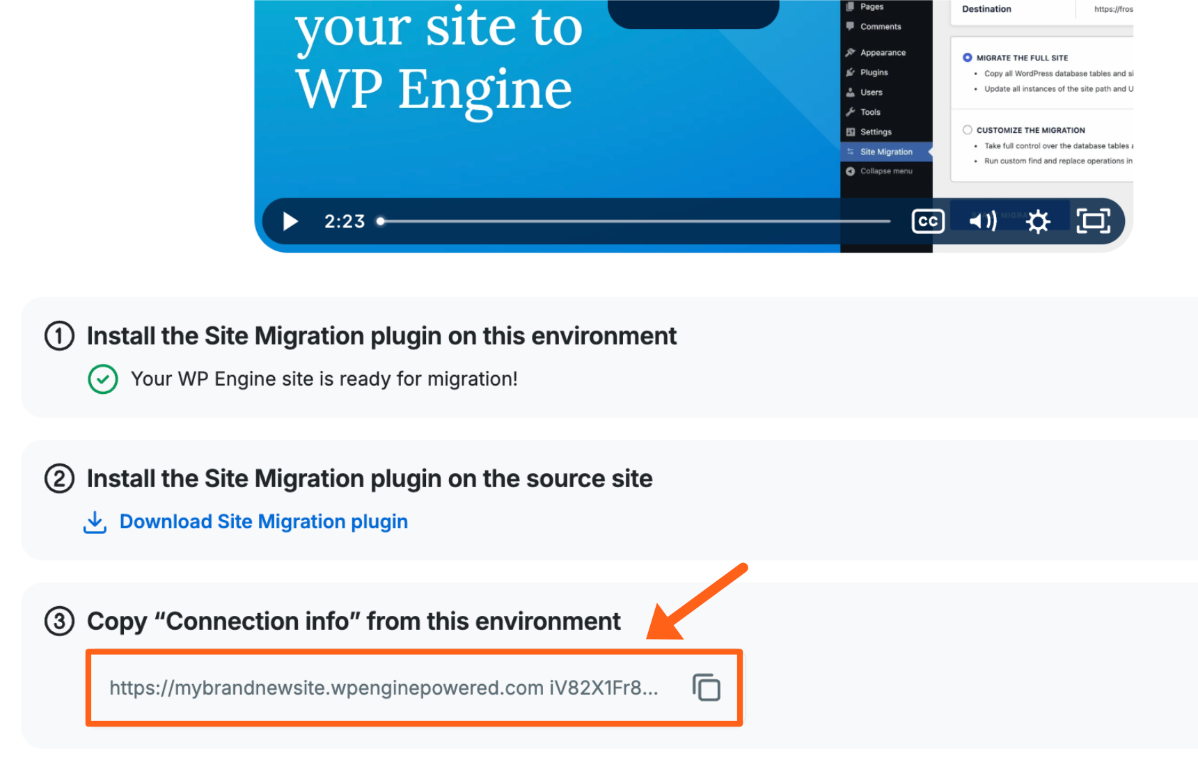 Screenshot of the Site Migration page in the WP Engine User Portal showing the connection information to copy