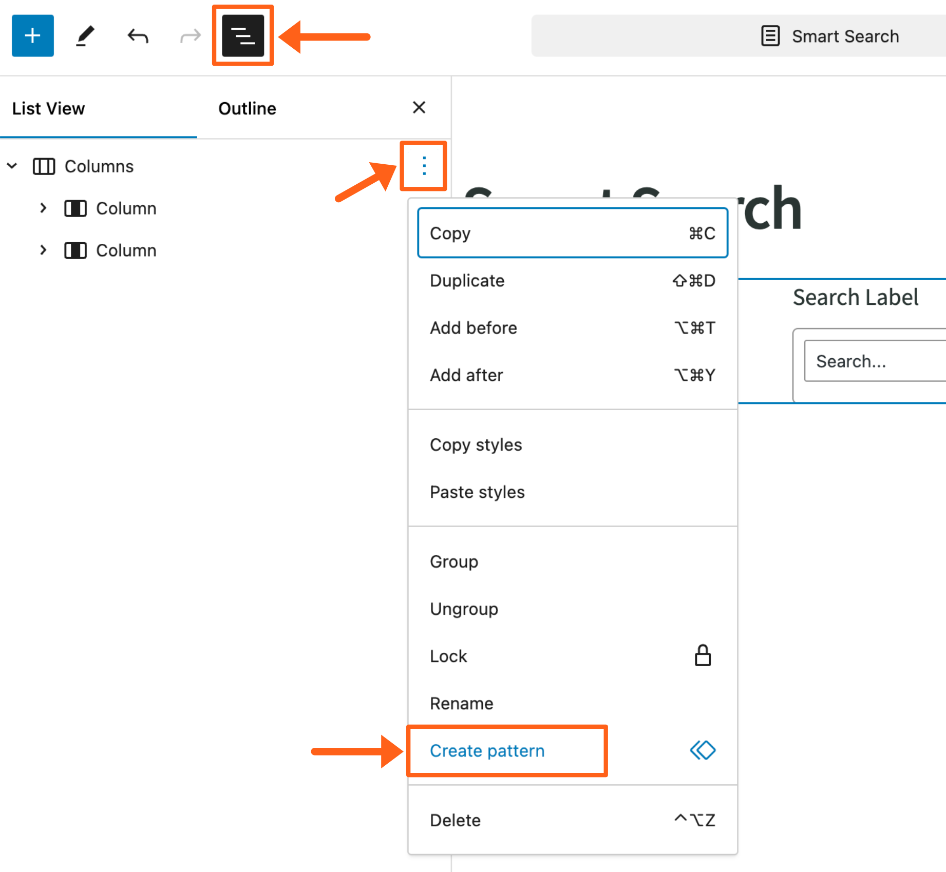 Screenshot of selecting the option to create a Pattern of Gutenberg blocks while editing a page in the WordPress admin dashboard.