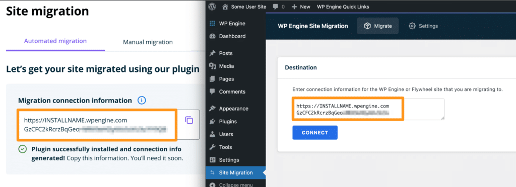 Migration connection information copy and paste