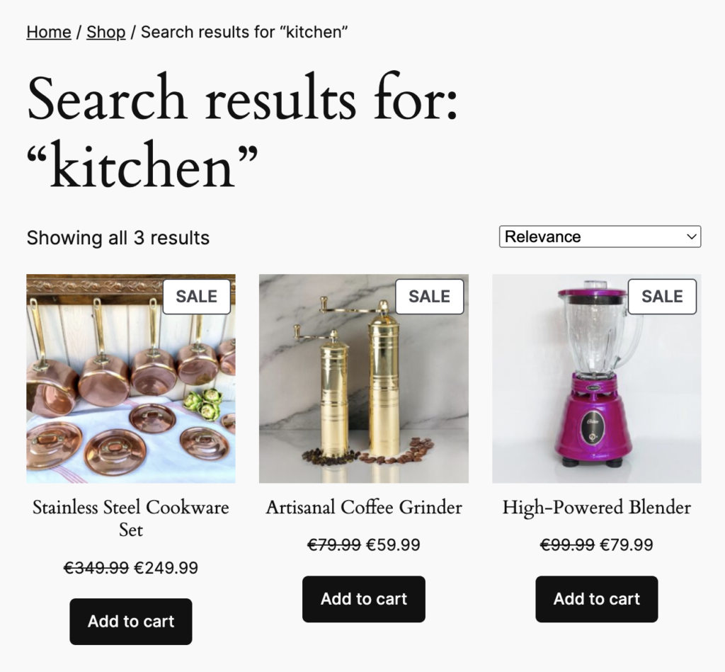 Screenshot of eCommerce product search results for WP Engine Smart Search.