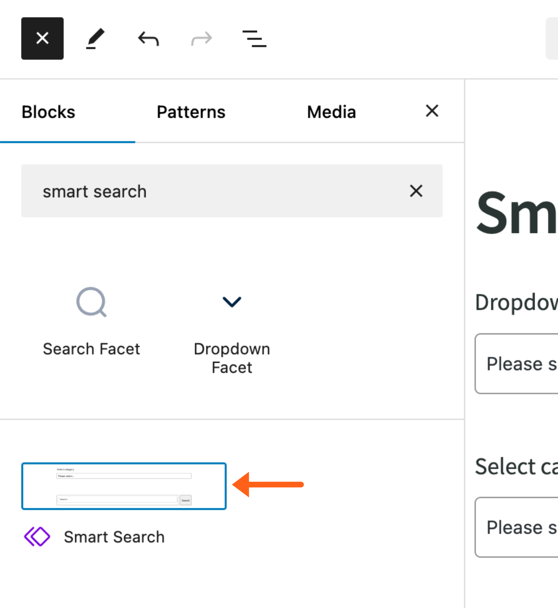 Screenshot of selecting a Pattern of Gutenberg blocks while editing a page in the WordPress admin dashboard.