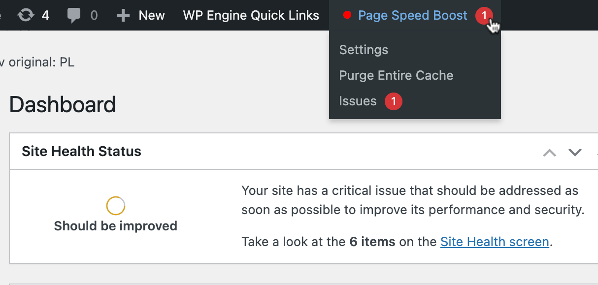 Screenshot of the Page Speed Boost top admin bar menu in the WordPress Admin Dashboard