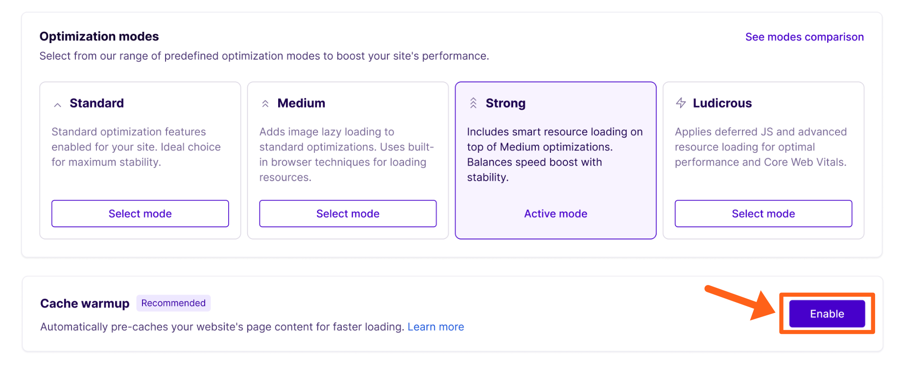 Screenshot of the Enable button in the Cache warmup section of the Page Speed Boost settings.