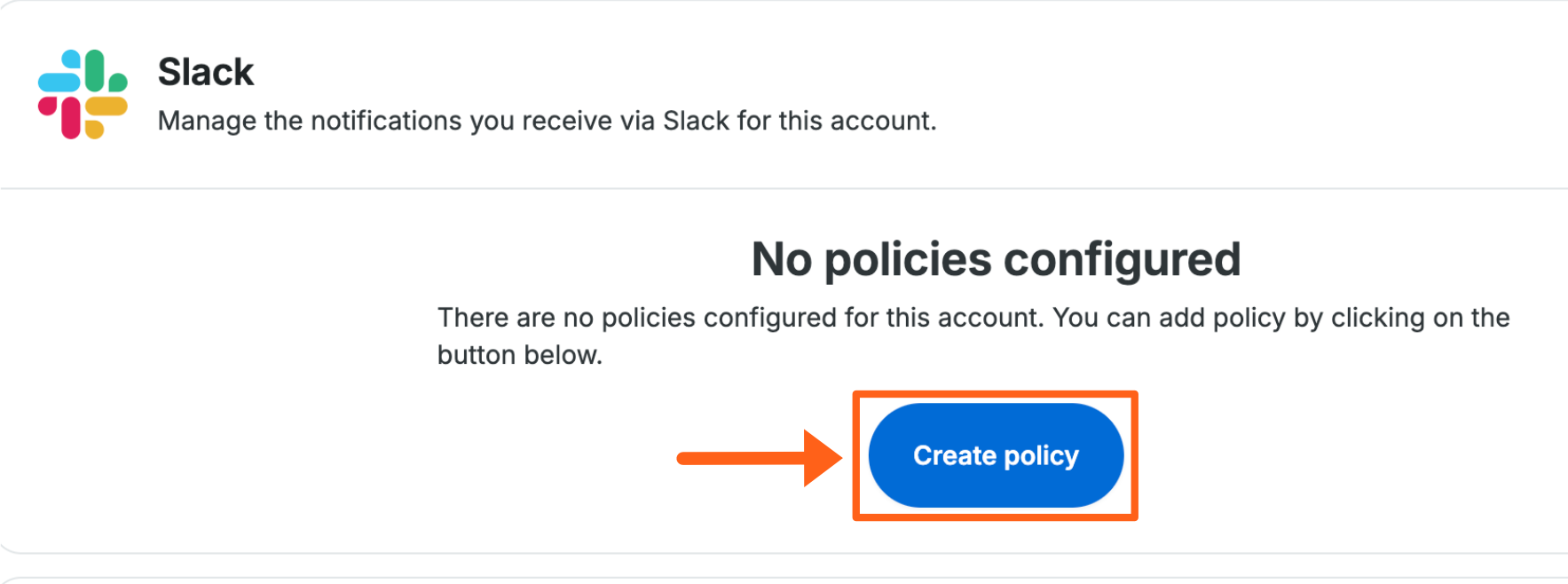 Screenshot of the Notification Settings page in the WP Engine User Portal showing the screen where you create a Slack policy for notifications