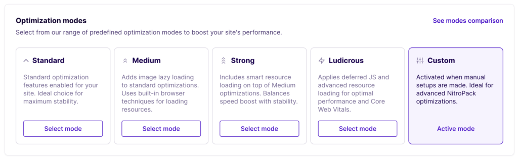 Screenshot of the Optimization Modes on the General Settings page of the NitroPack dashboard.