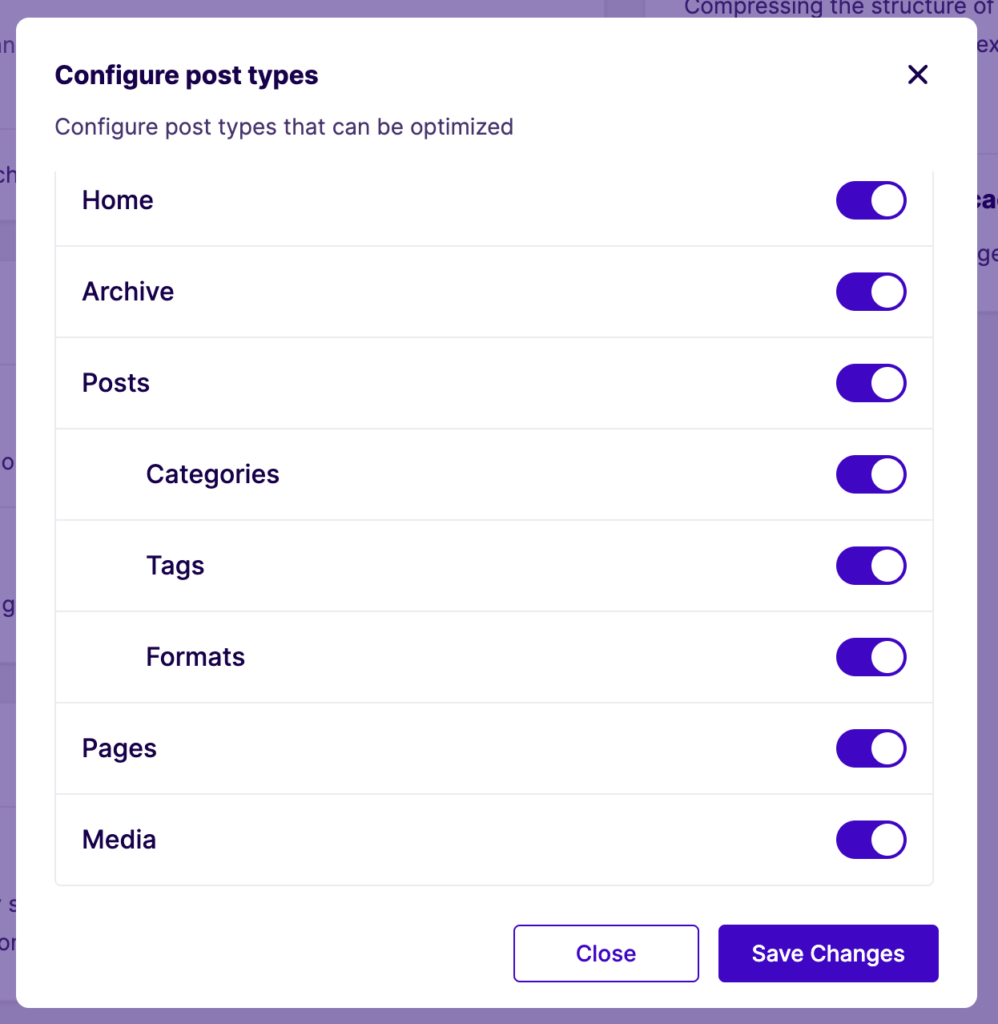 Screenshot of the Page Speed Boost settings page in the WordPress admin dashboard showing option to select different post types to be optimized.