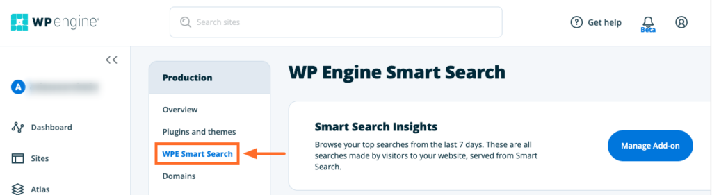 WP Engine Smart Search tab in the User Portal
