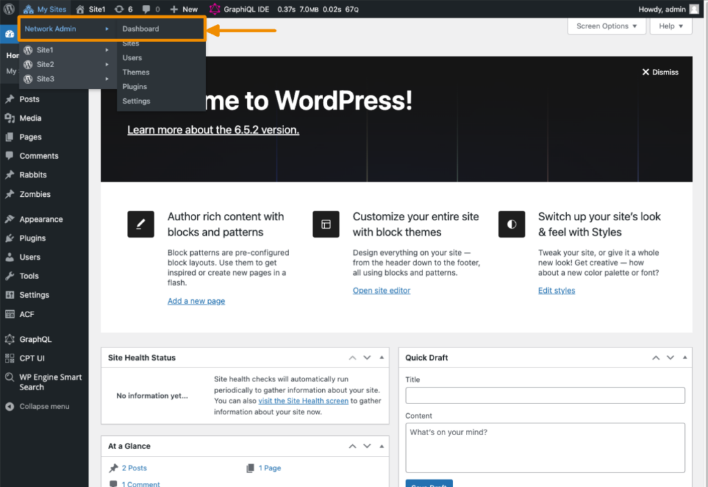 WordPress multisite network admin dashboard link